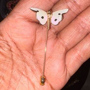 Vintage Gold Butterfly Stick Pin with White Enamel Wings and Polka Dots